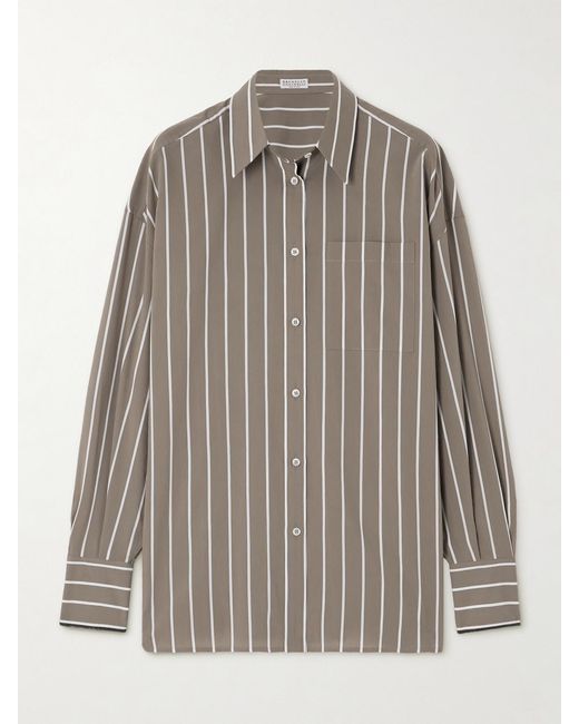 Brunello Cucinelli Gray Bead-Embellished Striped Cotton-Blend Poplin Shirt