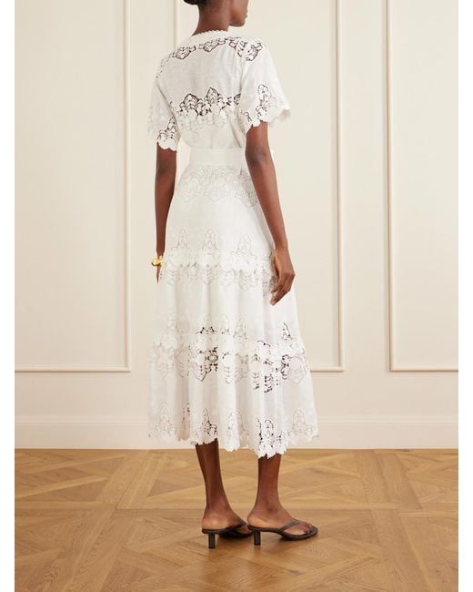 Miguelina White Romilly Belted Embroidered Cotton And Linen-Blend Midi Dress