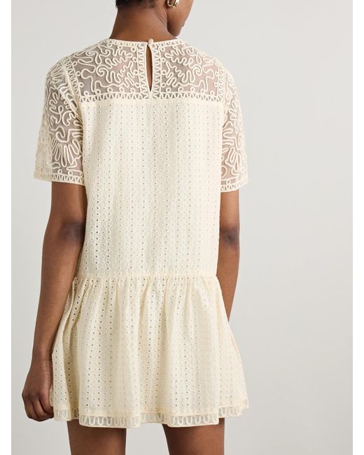 Ulla Johnson Natural Gabi Minikleid Aus Einer Baumwoll-Seidenmischung Mit Lochstickerei Und Tüllbesätzen