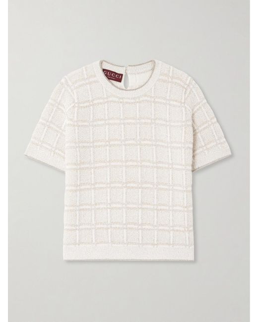 Gucci Natural Checked Metallic Wool-Blend Sweater