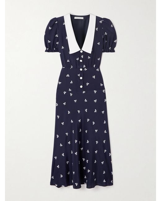 Alessandra Rich Blue Midikleid Aus Bedruckter Seide Mit Crêpe-Besatz Und Raffungen