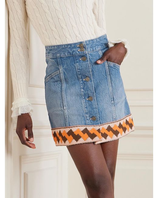 Valentino Garavani Blue Jacquard-Trimmed Paneled Denim Mini Skirt
