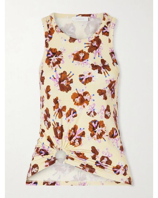 Rabanne Yellow Gathered Floral-Print Jersey Top