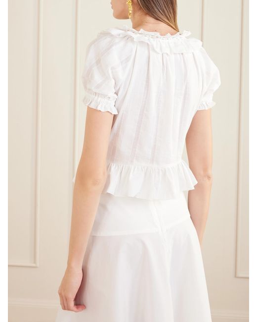 Loretta Caponi White Terracina Ruffled Lace-Trimmed Cotton-Poplin Blouse