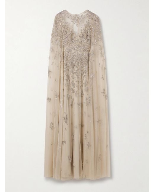 Zuhair Murad Natural Freya Draped Embellished Tulle Gown
