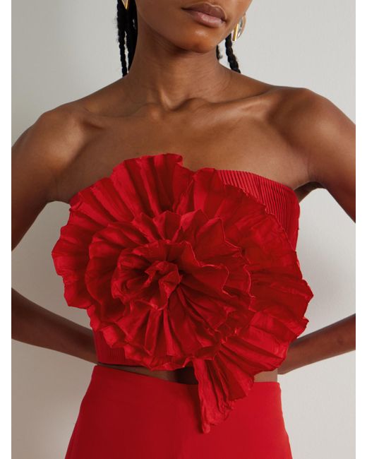 ANDRES OTALORA Red No Me Olvides Appliquéd Pleated Taffeta Top
