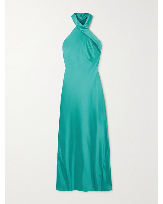 Galvan Green Pandora Satin Halterneck Maxi Dress