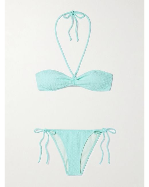 Lisa Marie Fernandez Blue Gathered Seersucker Halterneck Bikini