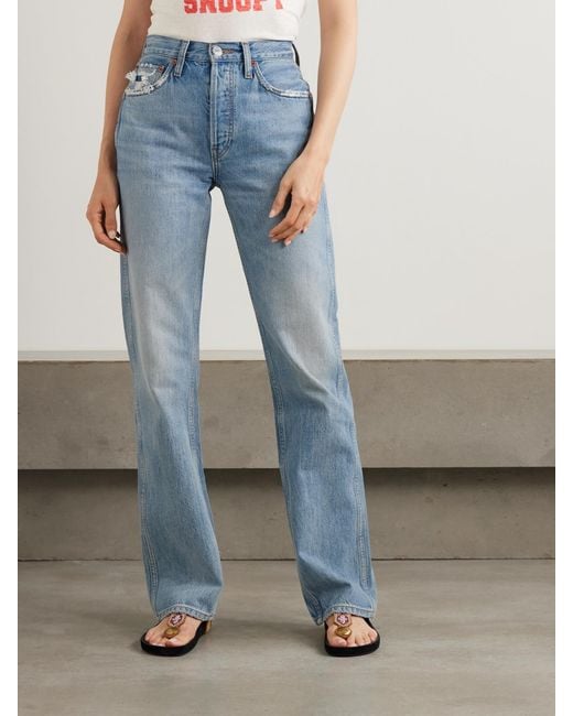 Re/done Blue 90S Distressed High-Rise Straight-Leg Organic Jeans