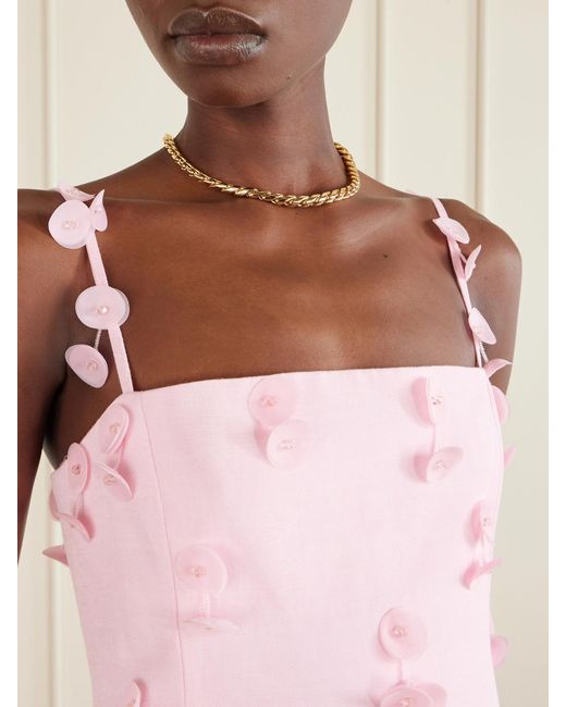 Jonathan Simkhai Pink Juliana Embellished Fringed Linen-Blend Midi Dress