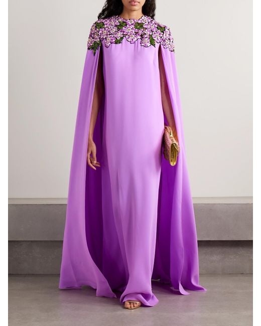 Oscar de la Renta Purple Robe Aus Crêpe Mit Applikationen Und Verzierungen