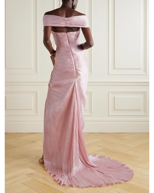 Marmar Halim Pink Off-The-Shoulder Draped Metallic Plissé-Taffeta Gown