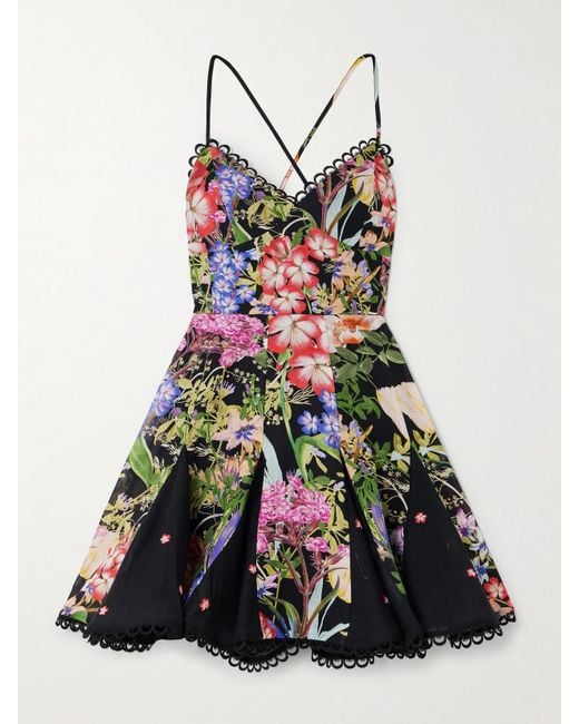 Charo Ruiz White Marlene Lace-Up Floral-Print Cotton-Blend Voile Mini Dress