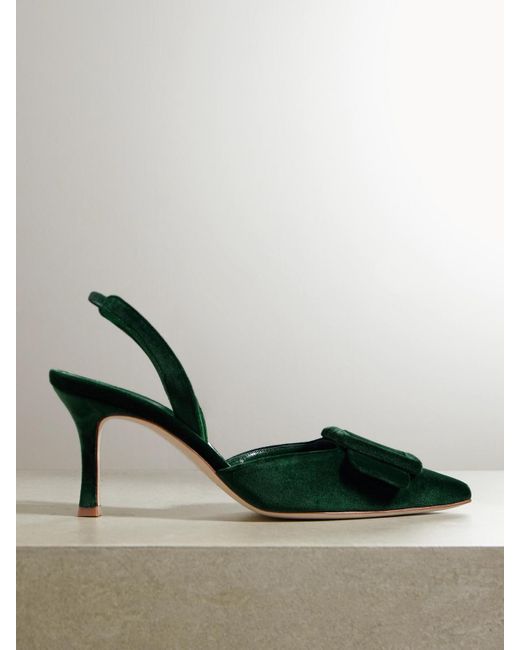 Manolo Blahnik Green Maysli 70 Buckled Velvet Slingback Pumps