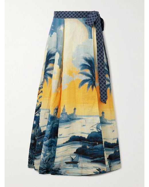 Camilla Blue Embellished Printed Linen And Silk-Blend Maxi Wrap Skirt