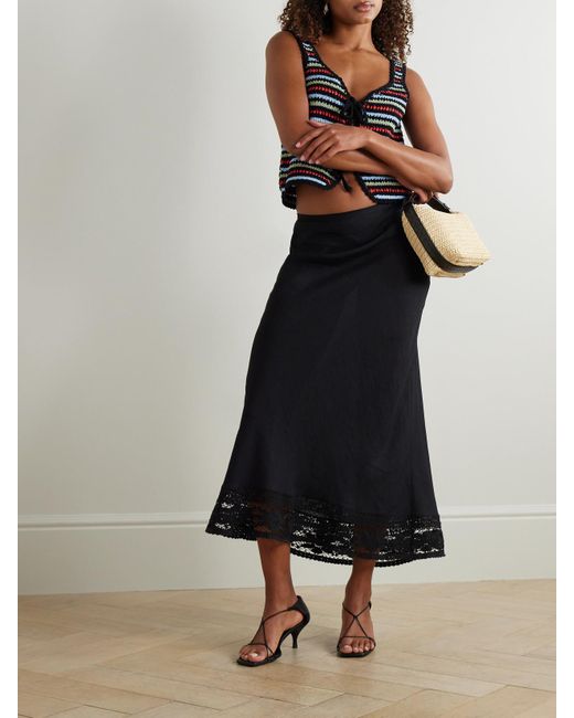Rixo Black Magda Lace-Trimmed Linen And Cotton-Blend Midi Skirt