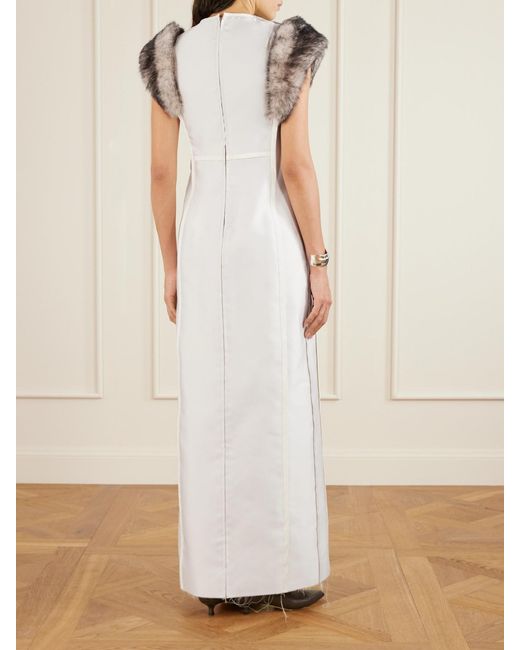 Jil Sander White Paneled Shearling-Trimmed Satin-Twill Maxi Dress