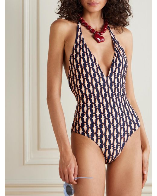 LaDoubleJ White Printed Halterneck Swimsuit