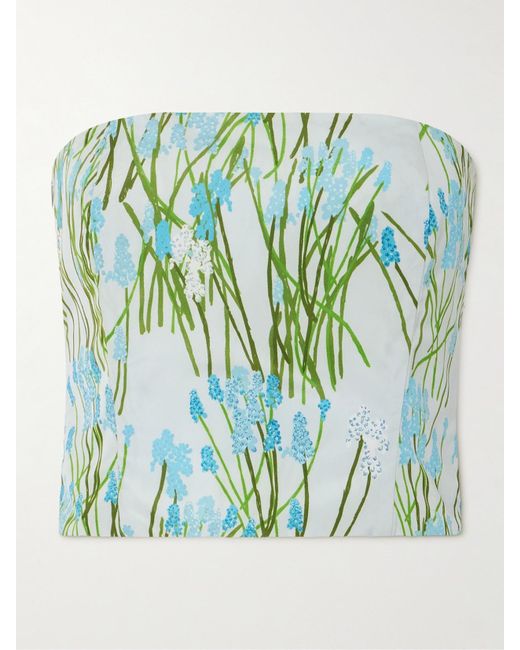 BERNADETTE Green Lena Cropped Strapless Floral-Print Woven Top