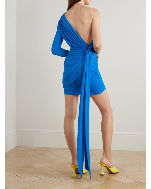 Alex Perry Blue One-Sleeve Ruched Stretch Recycled Crepe-Jersey Mini Dress