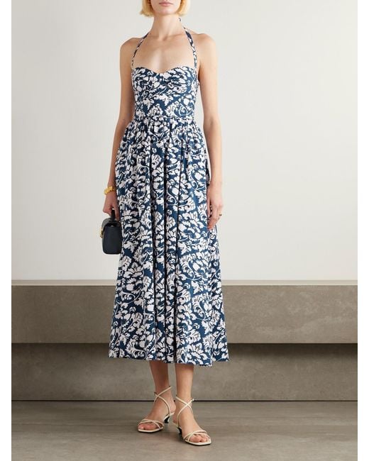 Robe Midi Dos Nu En Serge De Coton À Imprimé Fleuri Et À Plis Johanna Lotus Emporio Sirenuse en coloris Blue