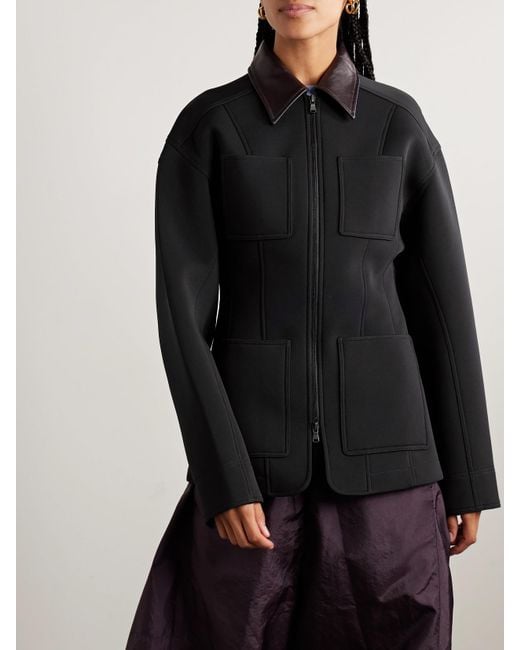 Tibi Black Leather-Trimmed Twill Jacket