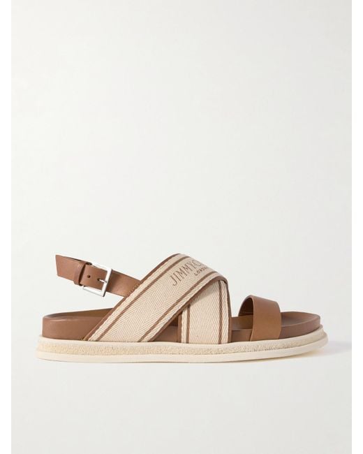 Jimmy Choo Natural Joa Slingback-Sandalen Aus Leder Und Canvas Mit Logoprint