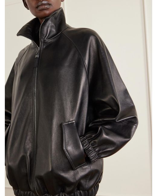 Brunello Cucinelli Black Leather Bomber Jacket