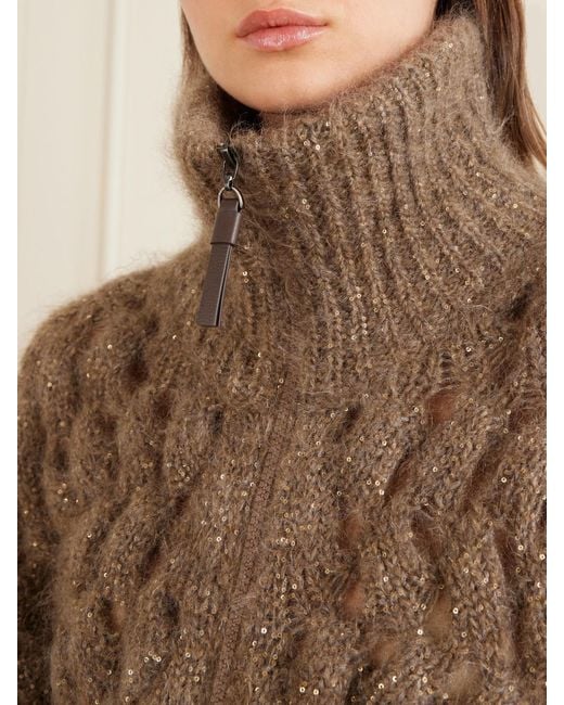 Brunello Cucinelli Brown Sequin-Embellished Mohair-Blend Zip-Up Cardigan