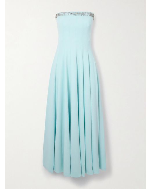 Costarellos Blue Aldina Strapless Pleated Crystal-Embellished Crepe Midi Dress
