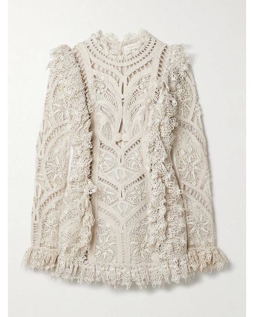 Zimmermann Natural Illuminate Cornelli Ruffled Linen And Silk-Blend Guipure Lace Mini Dress
