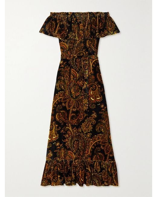 Etro Brown Off-The-Shoulder Belted Paisley-Print Velvet Maxi Dress