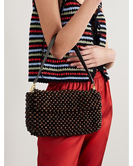 Staud Black Timmy Leather-Trimmed Beaded Mesh Shoulder Bag