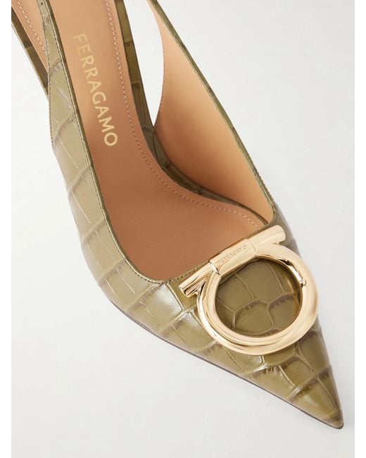 Ferragamo Metallic Sara 95 Croc-Effect Leather Slingback Pumps