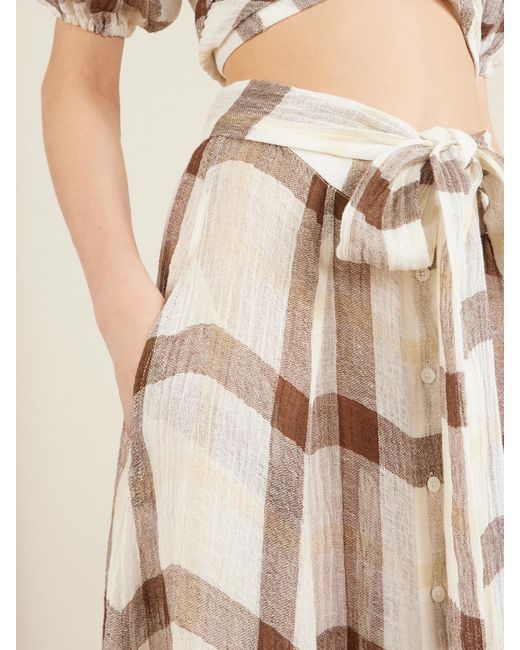 Lisa Marie Fernandez Natural Tie-Detailed Checked Linen-Blend Gauze Midi Skirt