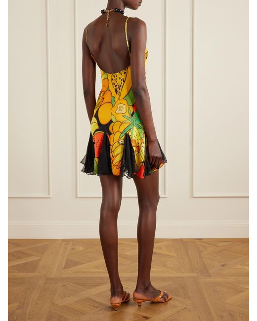 Donde Esteban Yellow Frutas Ruffled Lace-Trimmed Printed Silk-Blend Satin And Chiffon Mini Dress
