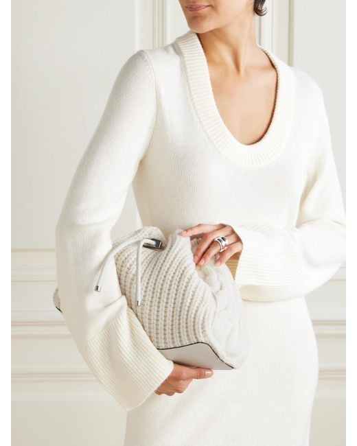 Jimmy Choo Natural Cinch Medium Leather-Trimmed Cable-Knit Wool Shoulder Bag