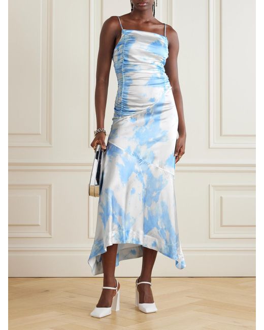 Ganni Blue Ruched Asymmetric Printed Recycled-Satin Midi Dress
