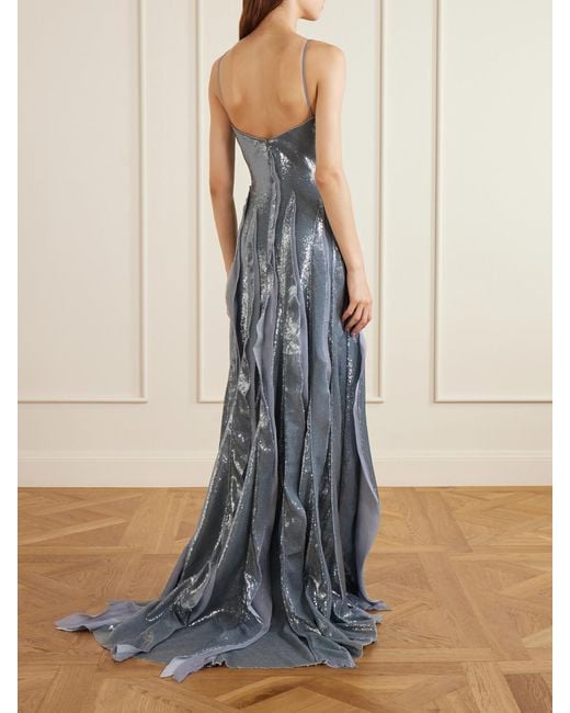 Marmar Halim Blue Pleated Sequined Chiffon Gown