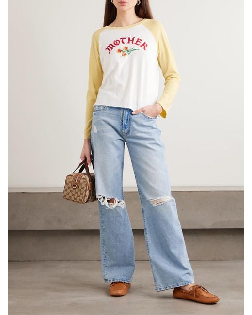 Mother Blue Maven Sneak Distressed High-Rise Straight-Leg Jeans