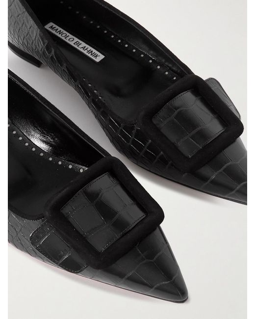 Manolo Blahnik Black Maysale 10 Ballerinas Mit Spitzer Kappe Aus Leder Mit Krokodileffekt, Velourslederbesätzen Und Schnalle