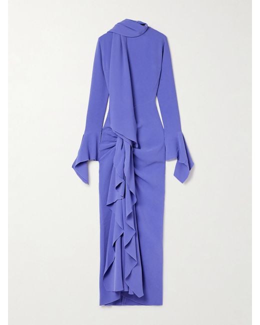 Solace London Blue Nella Draped Ruched Crepe Maxi Dress