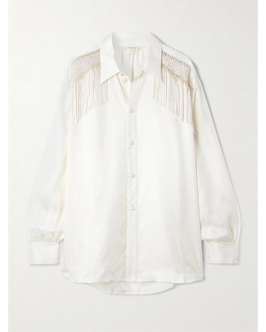 DIOTIMA White Epaulette Crochet-Trimmed Fringed Silk-Twill Shirt