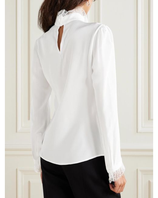 Alexander McQueen White Ruffled Lace-Trimmed Silk Crepe De Chine Blouse