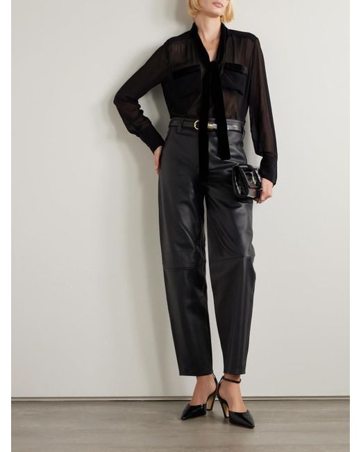 FRAME Black Pussy-Bow Velvet-Trimmed Silk-Chiffon Blouse
