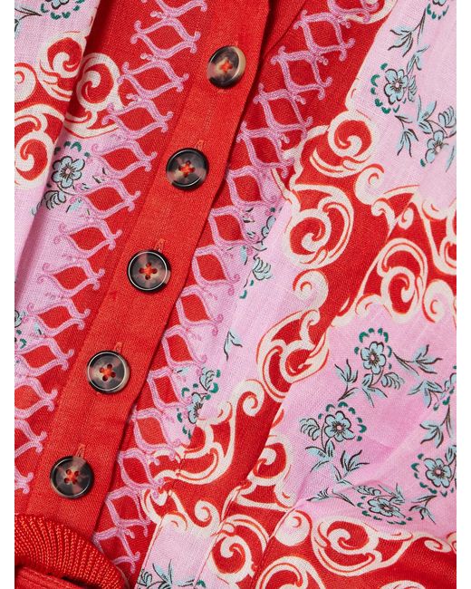 Saloni Red Riya Belted Pleated Floral-Print Linen-Voile Dress