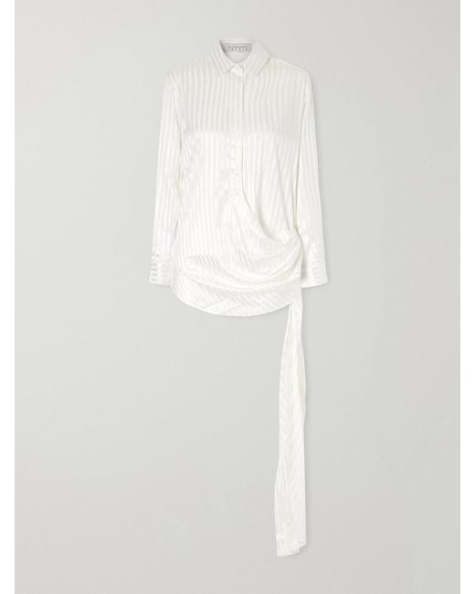 Abadia White Scarf-Detailed Striped Stretch-Silk Satin Blouse