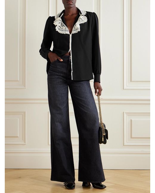 Chloé Black Lace-Trimmed Silk-Crepe Blouse