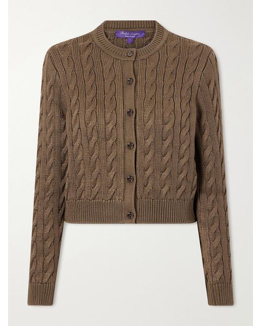Ralph Lauren Brown Cable-Knit Stretch-Silk Cardigan