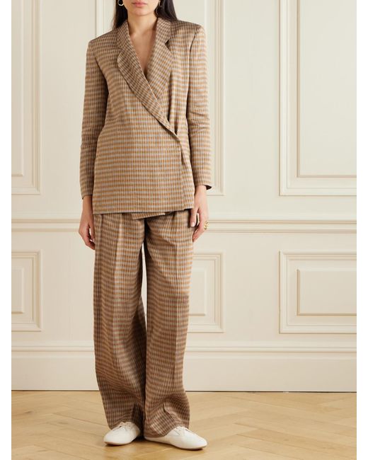 The Row Natural Sherry Pleated Checked Linen-Blend Wide-Leg Pants